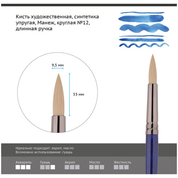 Кисть художественная синтетика упругая Гамма "Манеж", круглая №12, длинная ручка