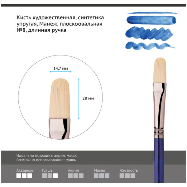 Кисть художественная синтетика упругая Гамма "Манеж", плоскоовальная №8, длинная ручка