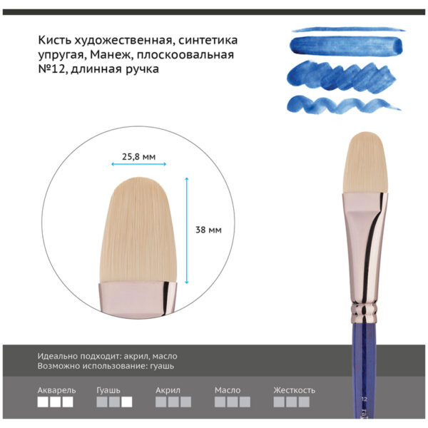 Кисть художественная синтетика упругая Гамма "Манеж", плоскоовальная №12, длинная ручка
