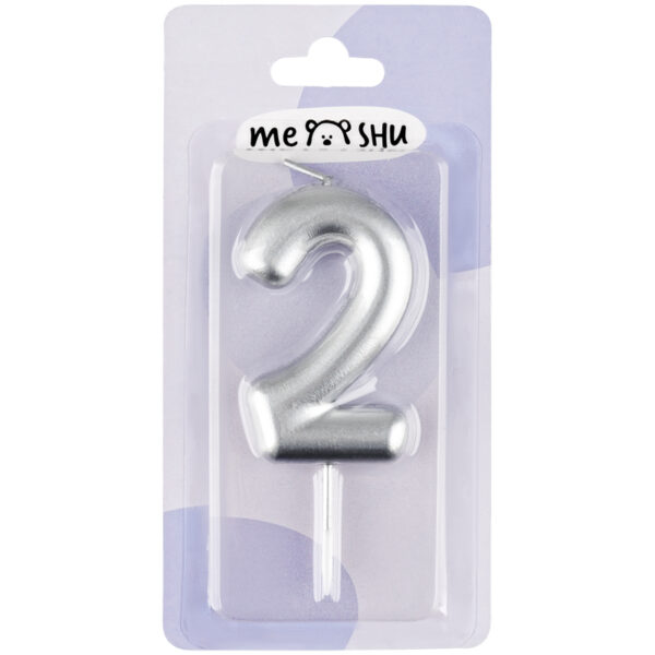 Свеча для торта с держателем MESHU "Цифра 2", 6см, серебряная, блистер