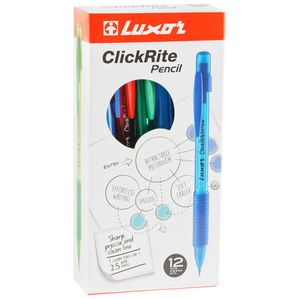 Карандаш механический Luxor "ClickRite", 0,5мм, с ластиком, грип, ассорти