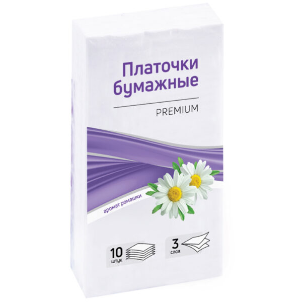 Платки бумажные носовые OfficeClean, 3-слойные, 19*20см, белые, 10 пачек по 10шт., ромашка