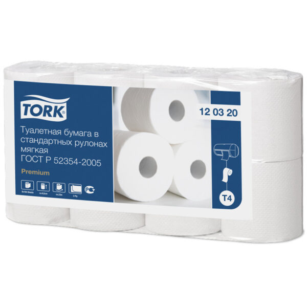 Бумага туалетная Tork "Premium"(T4) 2-слойная, стандарт. рулон, 23м/рул, 8шт., мягкая, тисн., белая