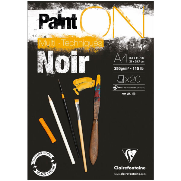 Скетчбук - альбом для смешанных техник 20л., А4, на склейке Clairefontaine "Paint'ON Noir", 250г/м2, черная