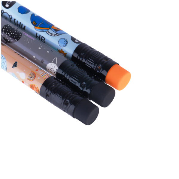 Набор карандашей ч/г MESHU "Space", 3шт., HB, заточен., с печатью, с ластиком, ассорти, пакет, европодвес