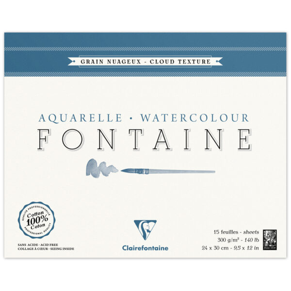 Альбом для акварели 15л., 24*30, на склейке Clairefontaine "Fontaine Grain Nuageux", 300г/м2, холод.пресс, облачная текстура