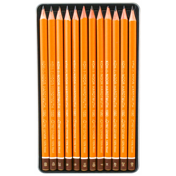 Набор карандашей ч/г Koh-I-Noor "1582" ,12шт., 6B-6H, трехгранный, заточен., метал.пенал