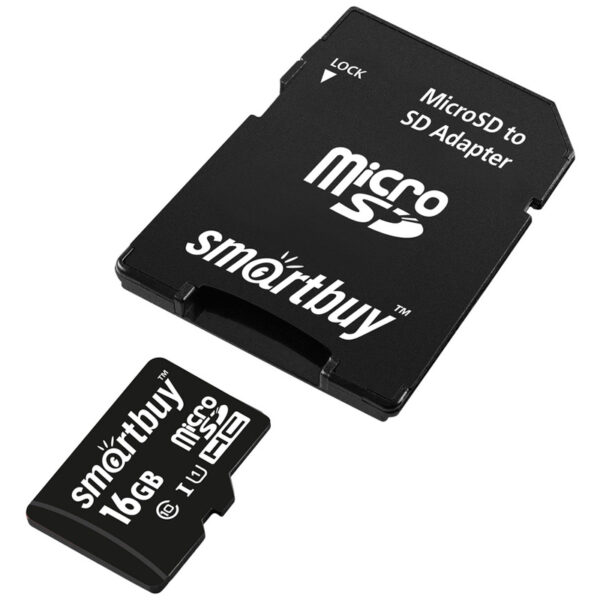 Карта памяти SmartBuy MicroSDHC 16GB, Class 10, скорость чтения 10Мб/сек (c адаптером SD)