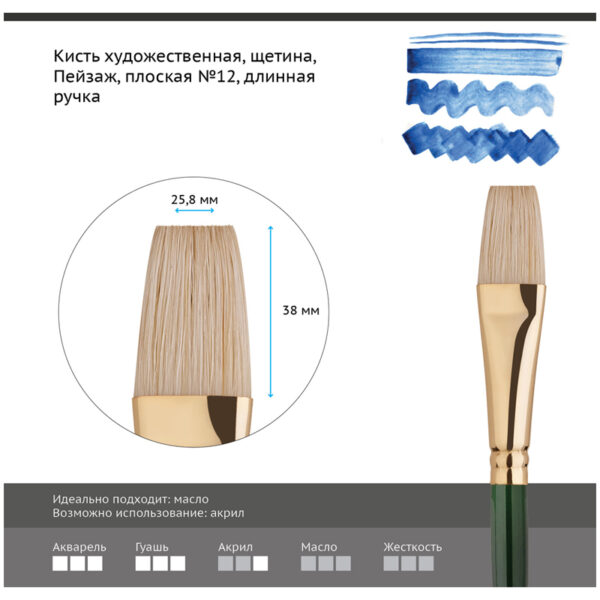 Кисть художественная щетина Гамма "Пейзаж", плоская №12, длинная ручка