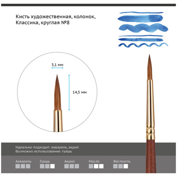 Кисть художественная колонок Гамма "Классика", круглая №8