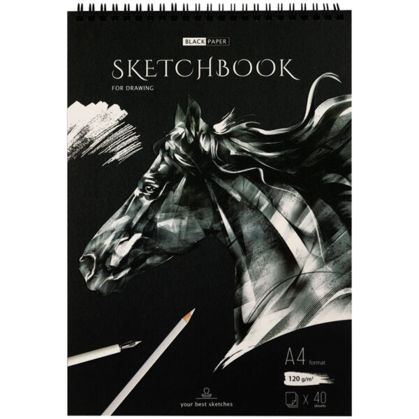 Скетчбук 40л., А4 ArtSpace "Black line. Horse", на гребне, 120г/м2, черный блок