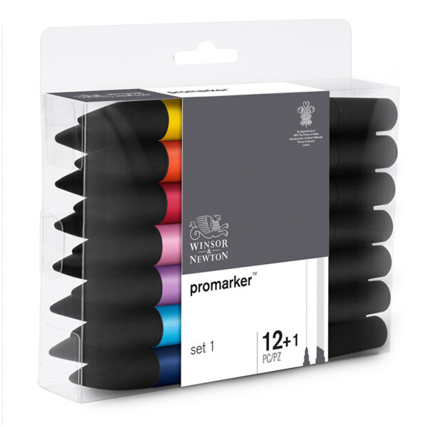 Набор художественных маркеров двухсторонних Winsor&Newton "Pro", пулевидный/скошенный, 2мм/7мм, 12цв.+1 блендер