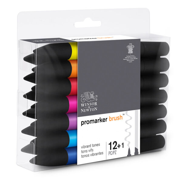 Набор художественных маркеров двухсторонних Winsor&Newton "Pro", пулевидный/скошенный, 2мм/7мм, 12цв.+1 блендер, яркие оттенки