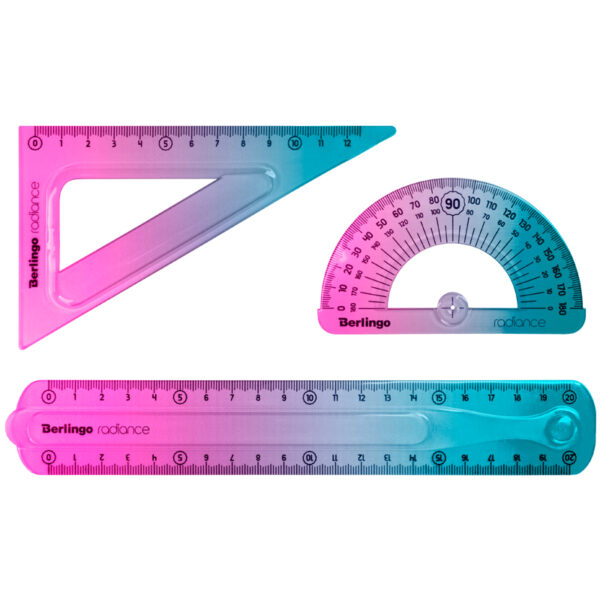 Набор чертежный средний Berlingo "Radiance" (треуг. 14см, линейка 20см, транспортир) гибкий, розовый/голубой градиент