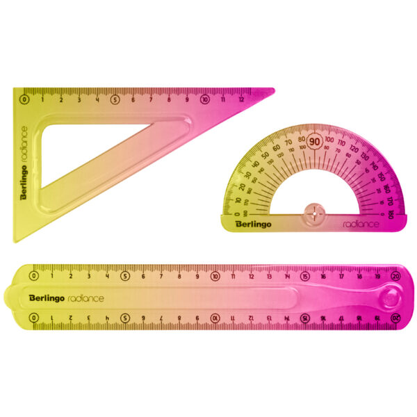 Набор чертежный средний Berlingo "Radiance" (треуг. 14см, линейка 20см, транспортир) гибкий, желтый/розовый градиент