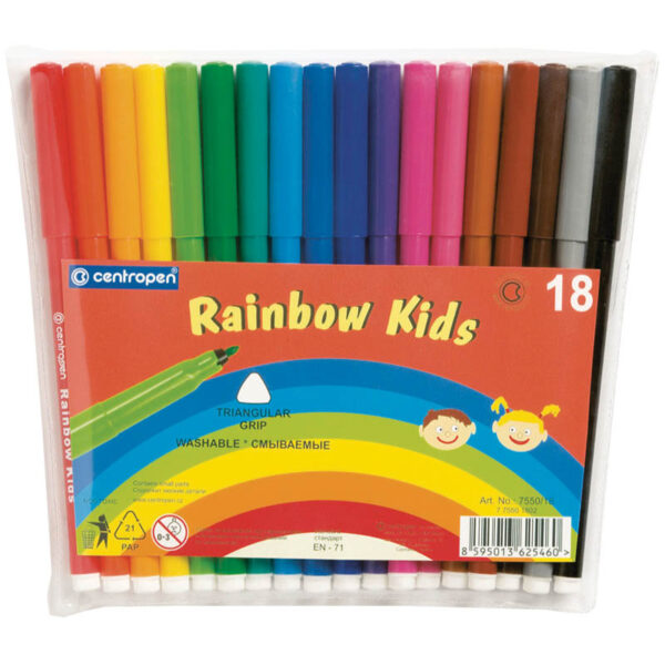 Фломастеры Centropen "Rainbow Kids", 18цв., трехгранные, смываемые, ПВХ