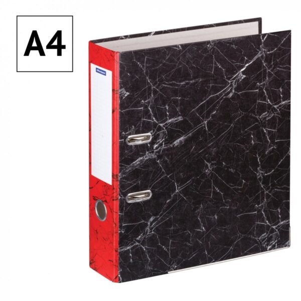 Папка-регистратор OfficeSpace 70мм, мрамор, черная, красный корешок, нижний метал. кант