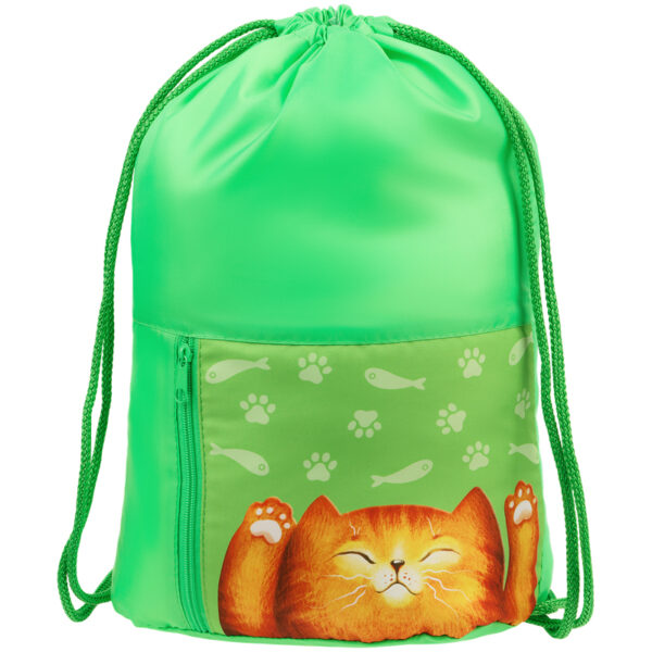 Мешок для обуви 1 отделение Мульти-Пульти "Lazy Cat", 340*420мм, карман на молнии, зеленый