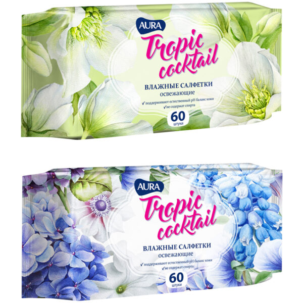 Салфетки влажные Aura "Tropic coctail", 60шт., освежающие