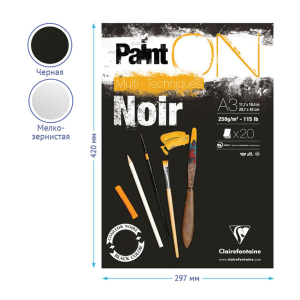 Скетчбук - альбом для смешанных техник 20л., А3 Clairefontaine "Paint ON Noir", на склейке, 250г/м2, черная