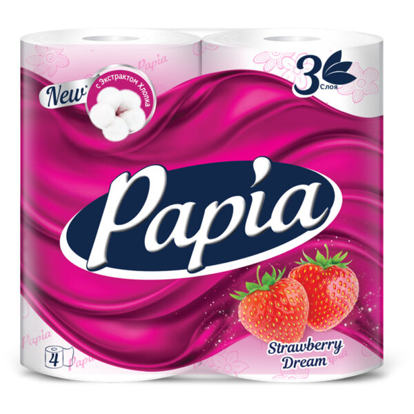 Бумага туалетная Papia "Strawberry Dream", 3-слойная, 4шт., ароматизир., розов. тиснение, белый