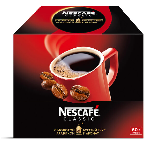 Кофе растворимый Nescafe "Classic", гранулированный/порошкообразный, с молотым, порционный, 30 пакетиков*2г, картонная коробка