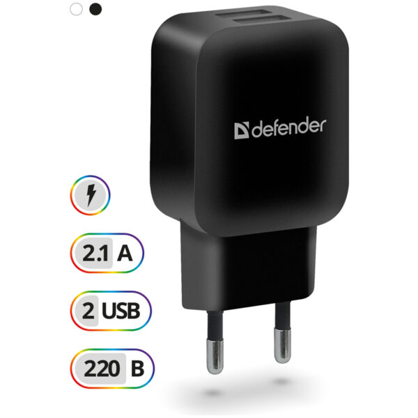 Зарядное устройство сетевое Defender EPA-13, 2*USB, 2.1А output, пакет, черный