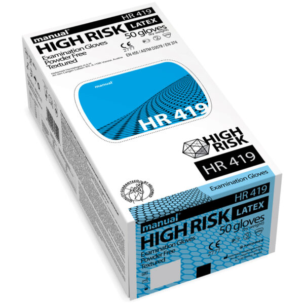 Перчатки латексные медицинские Manual "High Risk HR419", L, 50шт., неопудренные, особо прочные, картонная коробка