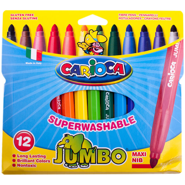 Фломастеры Carioca "Jumbo", 12цв., утолщенные, смываемые, картон, европодвес