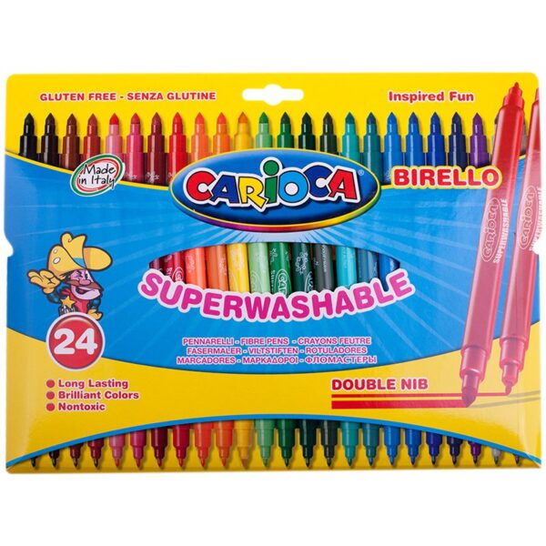 Фломастеры двусторонние Carioca "Birello", 24цв., 24шт., смываемые, картон, европодвес