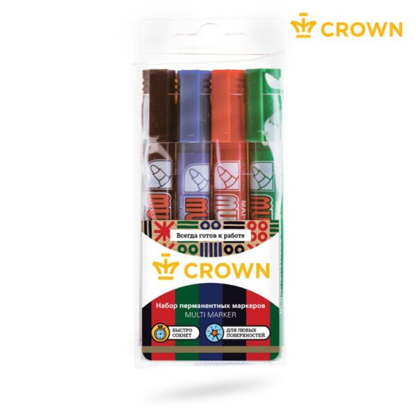 Набор перманентных маркеров Crown "Multi Marker" 04цв., пулевидный, 3,0мм, чехол с европодвесом