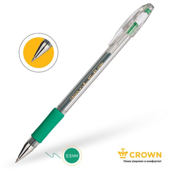 Ручка гелевая Crown "Hi-Jell Grip" зеленая, 0,5мм, грип
