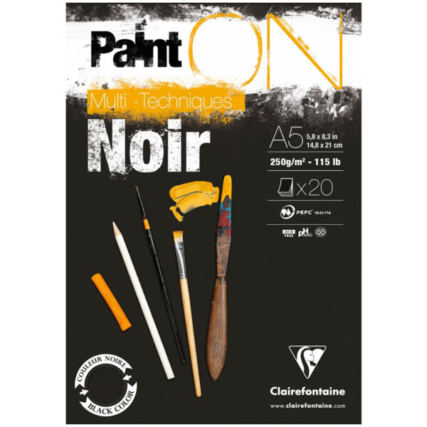 Скетчбук - альбом для смешанных техник 20л., А5 Clairefontaine "Paint ON Noir", на склейке, 250г/м2, черная