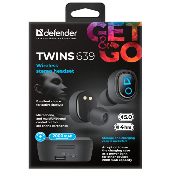 Наушники с микрофоном беспроводные Defender Twins 639, Bluetooth 5.0, TWS, powerbank 2000мАч, разъем Micro-USB, черный
