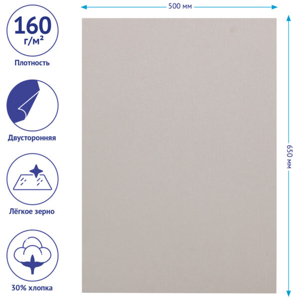 Цветная бумага 500*650мм, Clairefontaine "Etival color", 24л., 160г/м2, серый, легкое зерно, 30%хлопка, 70%целлюлоза