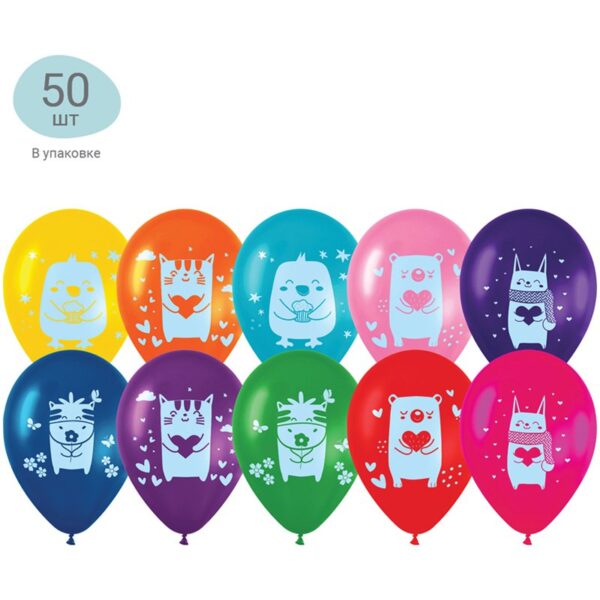 Воздушные шары,  50шт., М12/30см, MESHU "Kids friends", пастель, ассорти