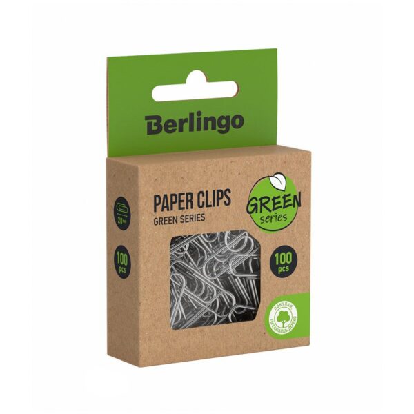 Скрепки 28мм, Berlingo "Green Series", 100шт., никелированные, крафт упак., европодвес