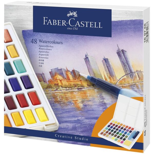 Акварель художественная Faber-Castell "Watercolours", 48цв., кюветы, + кисть "Water Brush"+ съемная палитра, пластиковая упаковка