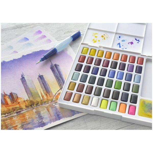 Акварель художественная Faber-Castell "Watercolours", 48цв., кюветы, + кисть "Water Brush"+ съемная палитра, пластиковая упаковка