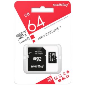 Карта памяти SmartBuy MicroSDXC 64GB UHS-1, Class 10, скорость чтения 60Мб/сек (с адаптером SD)