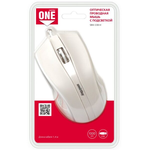 Мышь Smartbuy ONE 338, USB, с подсветкой, белый, 2btn+Roll