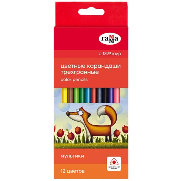 Карандаши цветные Гамма "Мультики", 12цв., трехгранные, заточен., картон. упак., европодвес