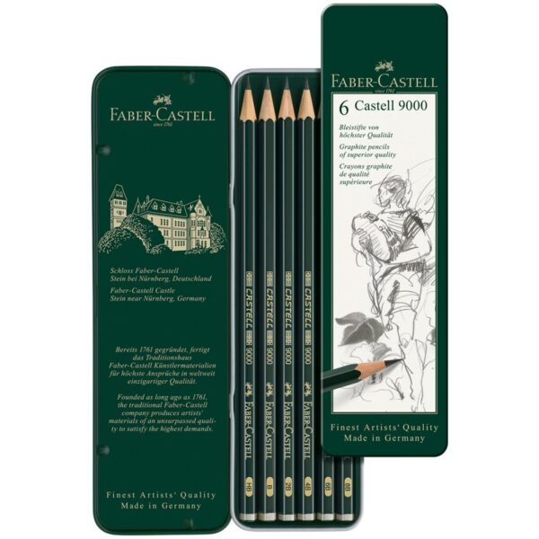 Набор карандашей ч/г Faber-Castell "Castell 9000", 6шт., HB-8B, заточен., метал. кор.