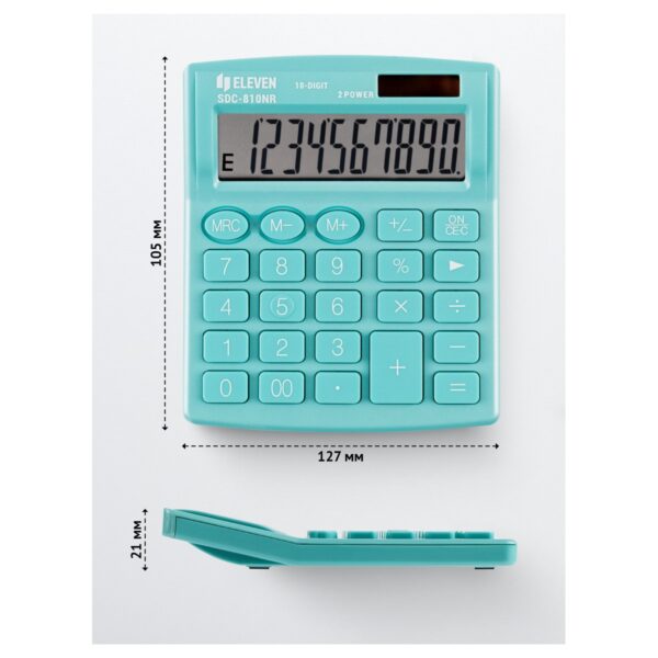 Калькулятор настольный Eleven SDC-810NR-GN, 10 разрядов, двойное питание, 127*105*21мм, бирюзовый