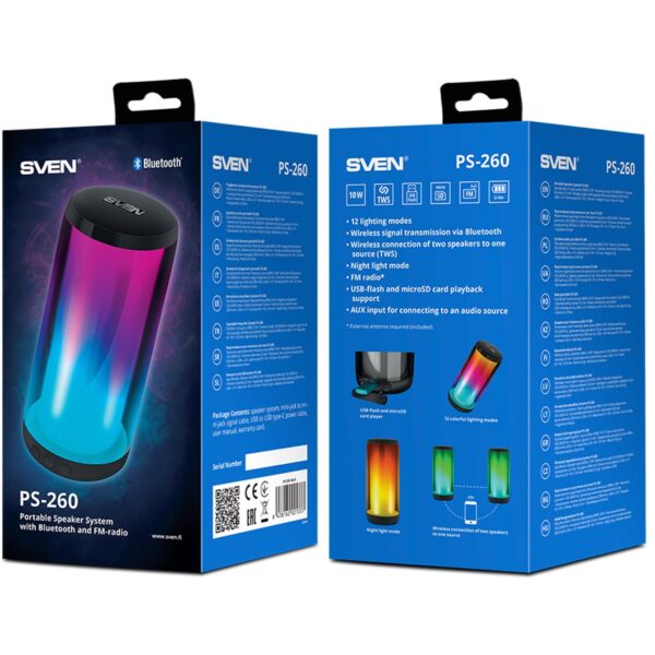 Колонка портативная Sven PS-260, 10W, Bluetooth, FM, USB, microSD, подсветка, черный