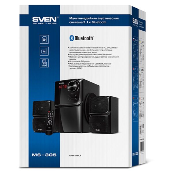 Колонки Sven MS-305, 2*10W+Subwoofer 20W, Bluetooth, FM, LED-дисплей, пульт, USB, SD, черный