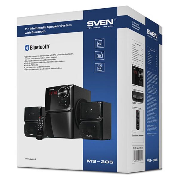 Колонки Sven MS-305, 2*10W+Subwoofer 20W, Bluetooth, FM, LED-дисплей, пульт, USB, SD, черный