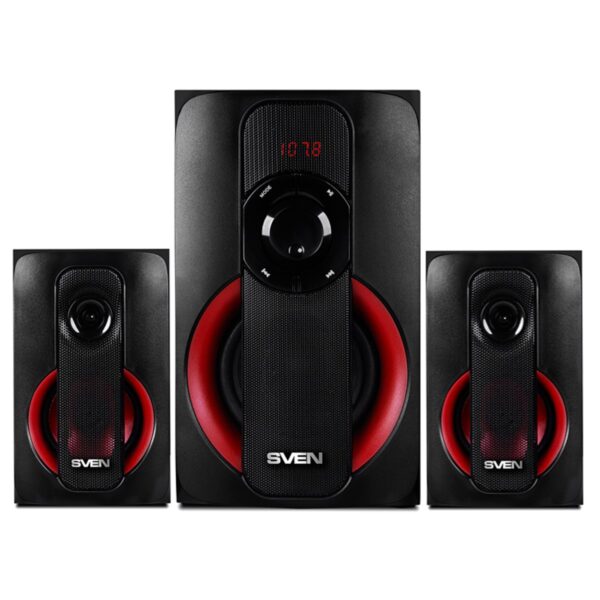 Колонки Sven MS-304, 2*10W+Subwoofer 20W, деревянный корпус, Bluetooth, FM, LED-дисплей, пульт, USB, SD, черный