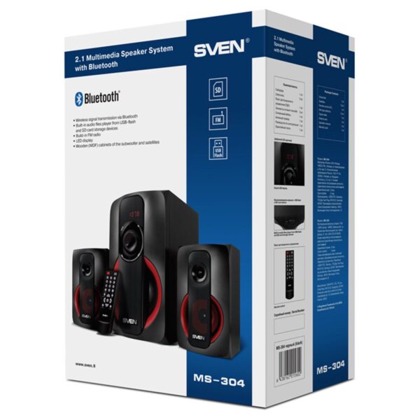 Колонки Sven MS-304, 2*10W+Subwoofer 20W, деревянный корпус, Bluetooth, FM, LED-дисплей, пульт, USB, SD, черный