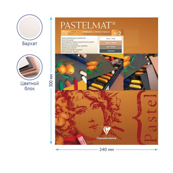 Альбом для пастели, 12л., 240*300мм, на склейке Clairefontaine "Pastelmat", 360г/м2, бархат, цв. блок